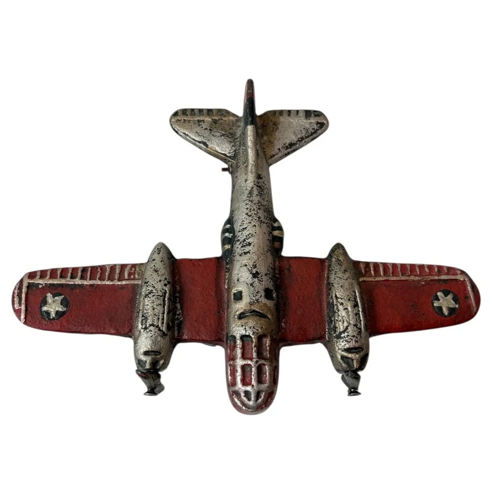 Vintage Cast Iron WWII Toy Airplane Bomber B22 Red Silver Twin Propellers Driven